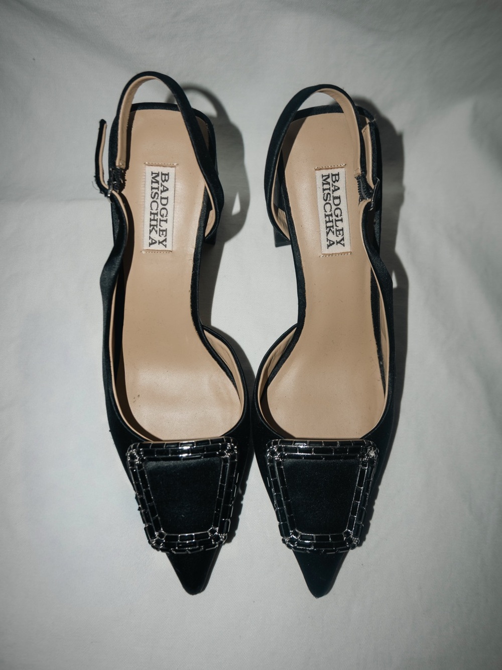 Badgley Mischka Black Pointed Slingback Pumps with Embellished Square Accent